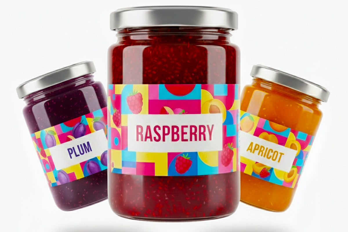 Jam jar labels with colourful fruit designs on plum, raspberry, and apricot preserve jars.