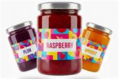 Jam jar labels with colourful fruit designs on plum, raspberry, and apricot preserve jars.