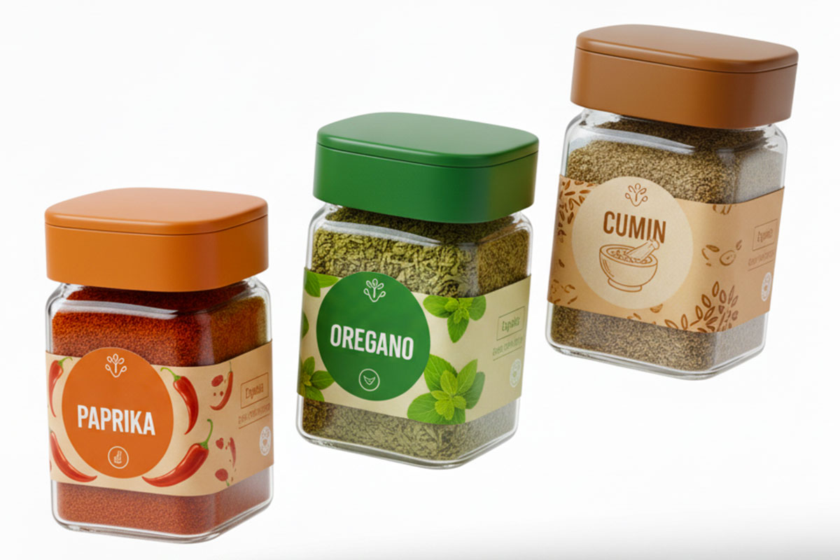 Spice jar labels on square glass containers of paprika, oregano, and cumin with colourful illustrated designs.