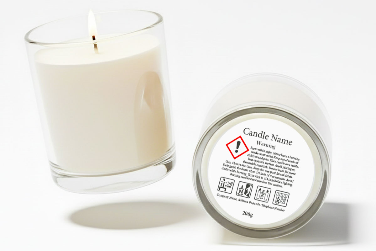 CLP candle labels showing safety warnings, hazard symbols, and burning instructions on a glass jar candle.