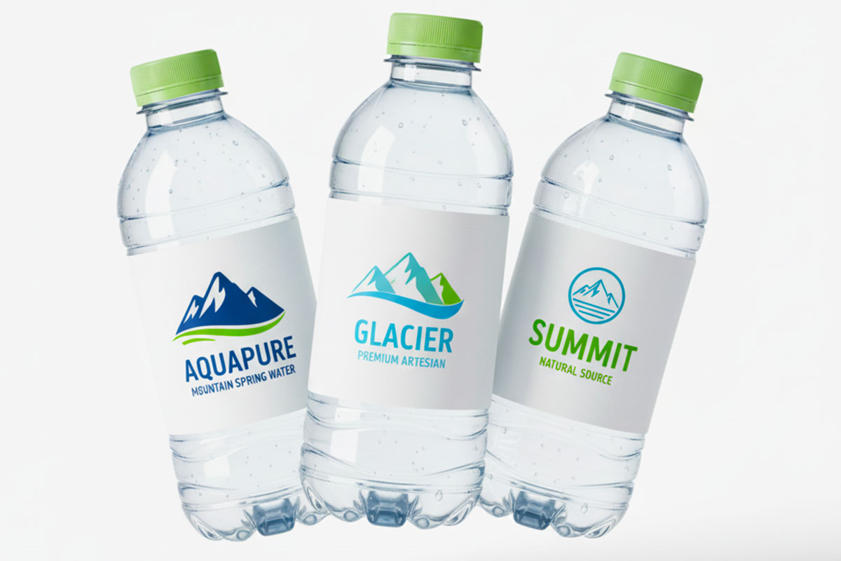 Water bottle labels on clear plastic bottles featuring Aquapure, Glacier, and Summit mountain spring designs.