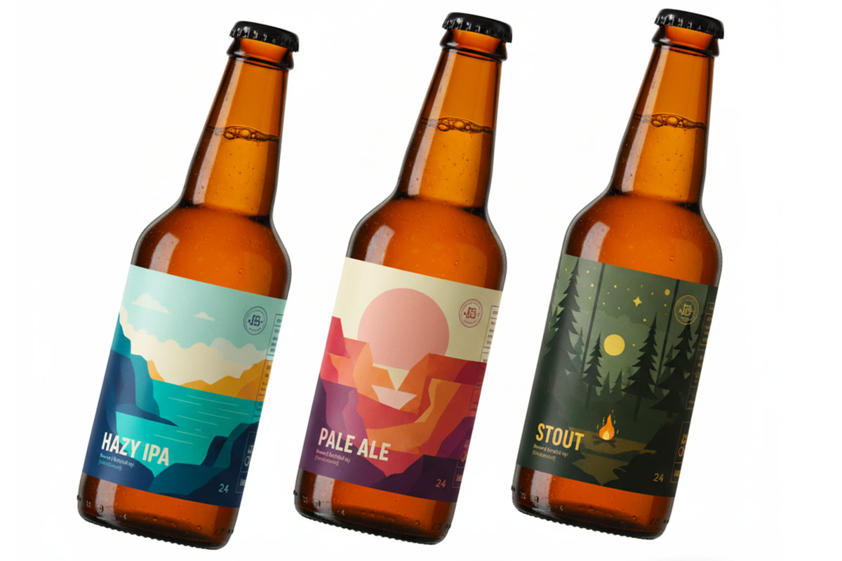 Drink bottle labels on amber glass bottles featuring Hazy IPA, Pale Ale, and Stout with modern graphic designs.