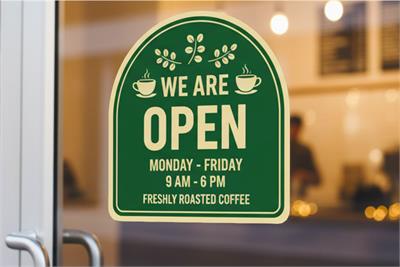 Door sticker sign reading We Are Open Monday to Friday 9am–6pm with coffee cup icons on a café glass door.