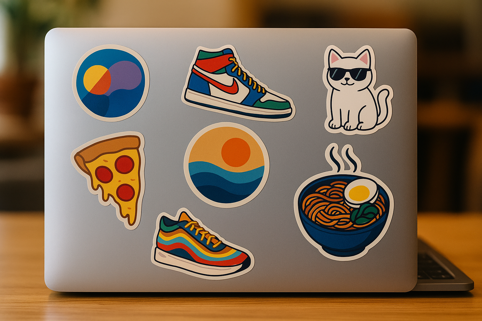 Laptop stickers with colourful artwork designs including trainers, cat, pizza, ramen, and abstract graphics