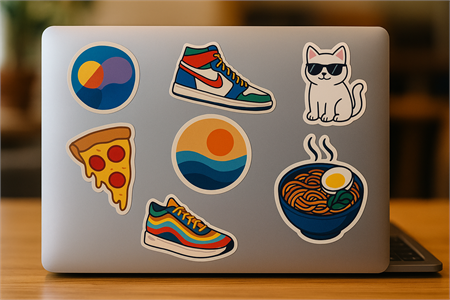Laptop stickers with colourful artwork designs including trainers, cat, pizza, ramen, and abstract graphics