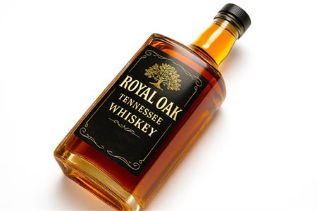 Whisky labels for Royal Oak Tennessee Whiskey in a black and gold design with bold text and an oak tree graphic.
